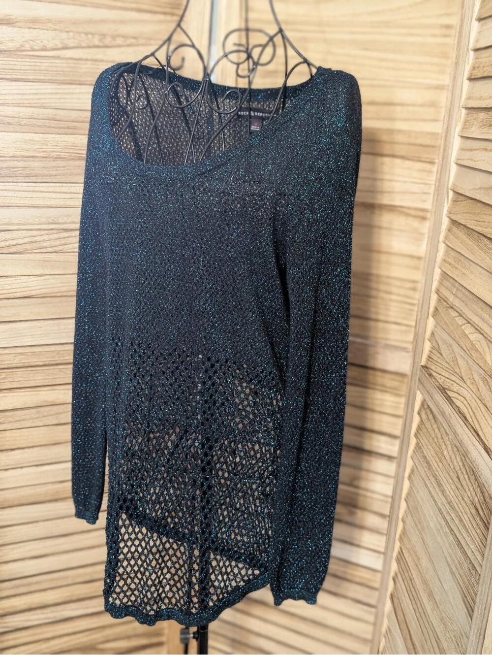 Rock‎ & Republic Top Women M Blue Tunic Top Mesh Knit Sheer Pullover Shirt Emo
